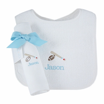 personalized bib and burp cloth set - sports
