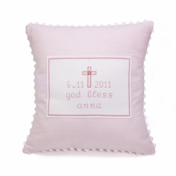 personalized embroidered pink cross baby pillow