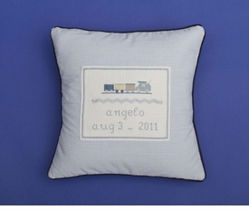 personalized embroidered train pillow
