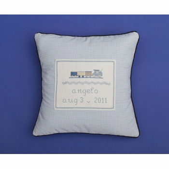 personalized embroidered train pillow