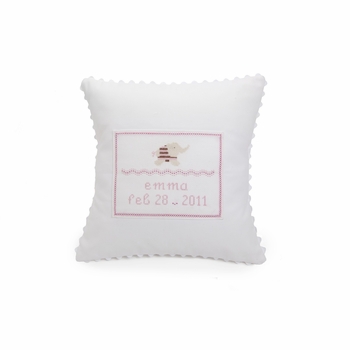 personalized embroidered white baby pillow - pink elephant