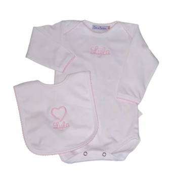 Personalized Long Sleeve Bodysuit with Pink Picot Trim <br> (and Optional Matching Bib)