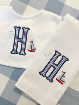personalized sailboat bib and burp set