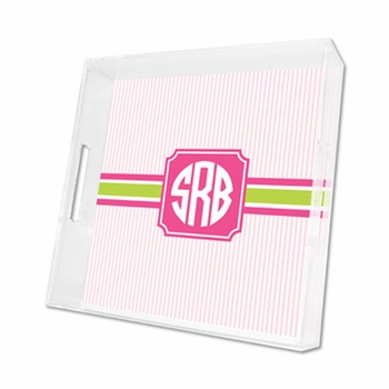 seersucker band pink & green lucite tray - square
