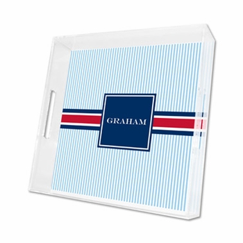 seersucker band red & navy lucite tray - square