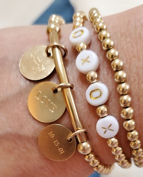 single bar of gold beaded bracelet with personalized discs