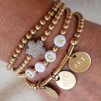 single bar of gold beaded bracelet with personalized discs