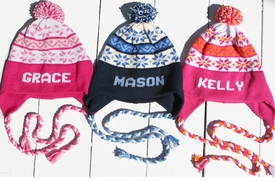 snowflake earflap hat with braided ties