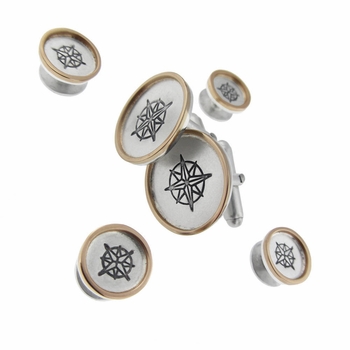 Sterling Silver with 14k Gold Rimmed Shirt Studs & Cufflinks Set