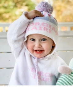stripe earflap hat with monogram bows and pompom