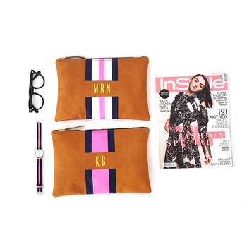 Striped Monogrammed Leather Flat Clutch