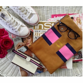 Striped Monogrammed Leather Flat Clutch