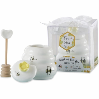 Sweet as Can Bee Ceramic Mini Honey Pot with Wooden Honey Dipper (3.4 oz) Honey Jar