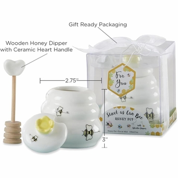 Sweet as Can Bee Ceramic Mini Honey Pot with Wooden Honey Dipper (3.4 oz) Honey Jar