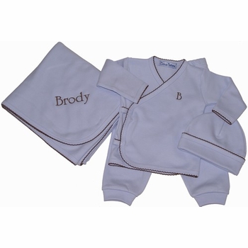 Take Me Home Set in Blue with Brown Picot Trim, 3 Piece