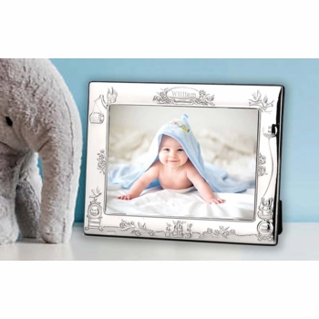 Teddy and Stork Birth Record Sterling Silver Baby Frame