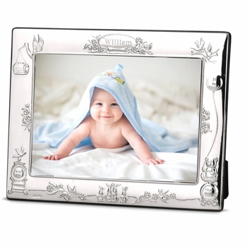 Teddy and Stork Birth Record Sterling Silver Baby Frame