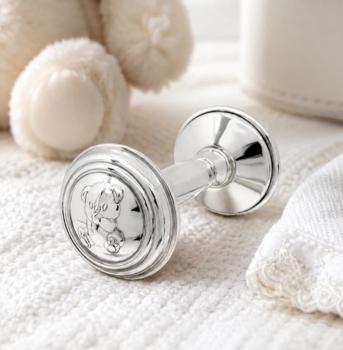 Teddy Bear Sterling Silver Baby Barbell Rattle