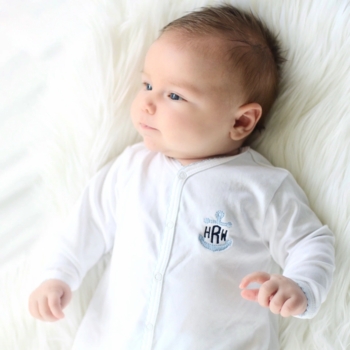Anchor Monogram Baby Footie, White with Baby Blue Trim