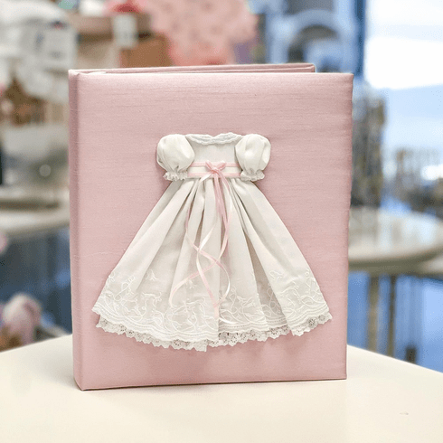 Personalized Baby Memory Book in Shantung with Swiss Batiste Dress with Pink Ribbon
