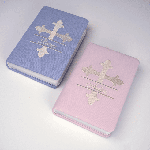 Personalized Baby�s First Bible In Microstripe Cotton with Large Cross