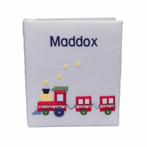Personalized Multicolored Train on Micro Stripe Cotton Baby Memory Book