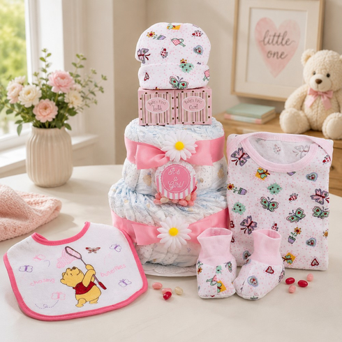 Sweet Baby Girl Diaper Cake Gift Basket