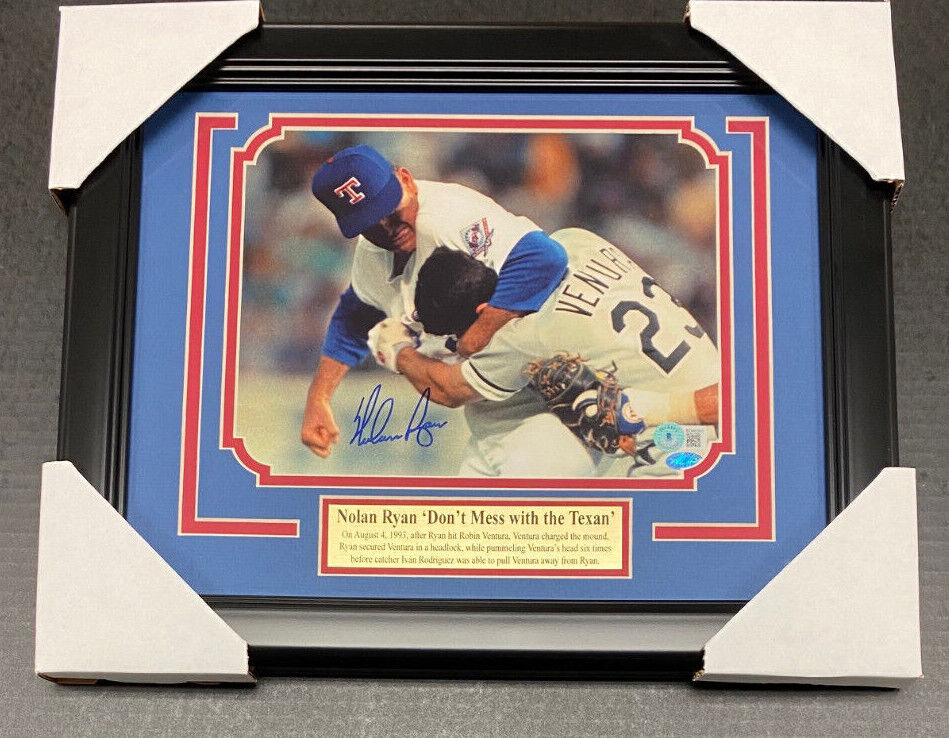 NOLAN RYAN FIGHT SIGNED AUTOGRAPHED RANGERS 8X10 PHOTO FRAMED BAS