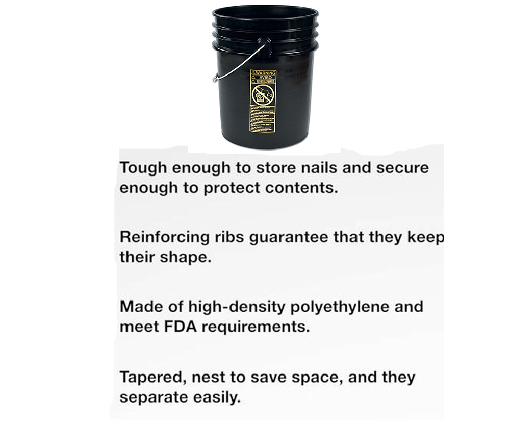 5 Gallon Plastic Buckets Black Six Pack