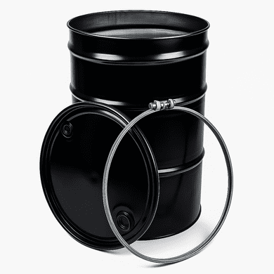 55 Gal Steel Drum Open-Head | Black | With Fittings in Lid | Choice of Bolt Ring or Lever Lock Rink closure | Rust Inhibitor Lining