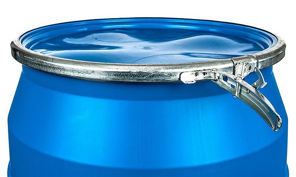 55 Gallon Blue Plastic Open Head Drum, With Leverlock Ring Lid