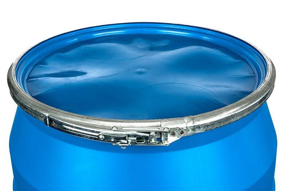 55 Gallon Blue Plastic Open Head Drum, With Leverlock Ring Lid