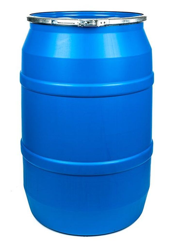 55 Gallon Blue Plastic Open Head Drum, With Leverlock Ring Lid