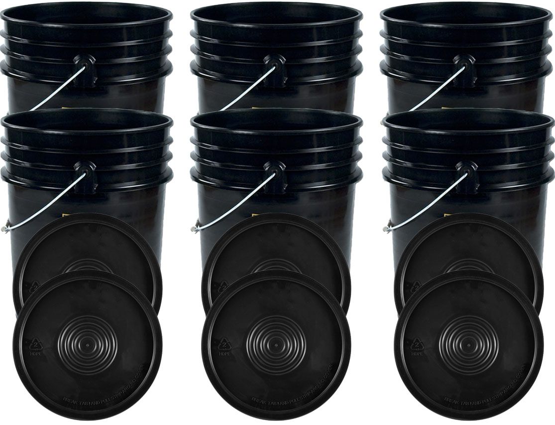 Black 5 Gallon Buckets and Flat Lids Food Grade Combo 6 Pack Special