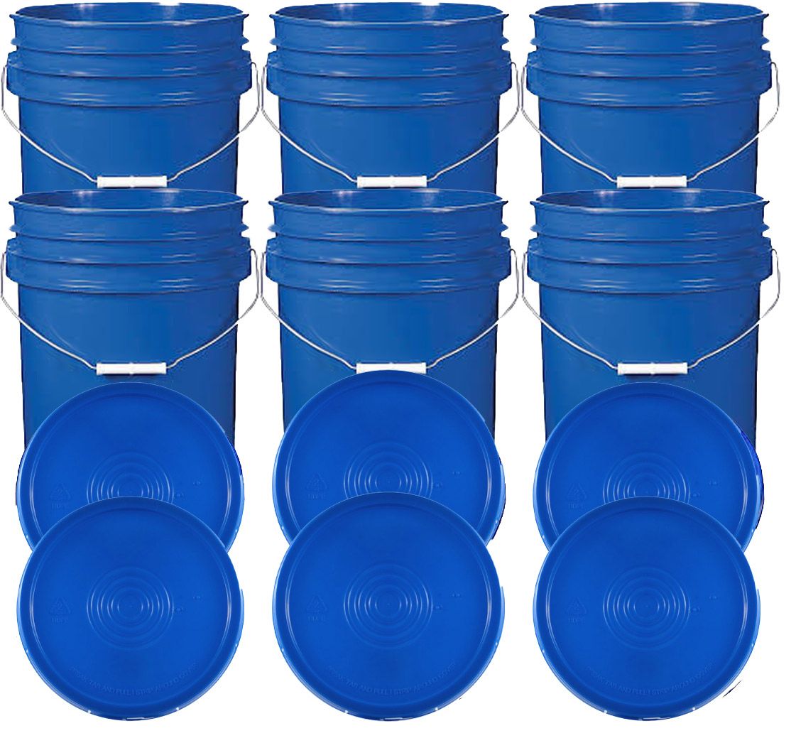 Blue 5 Gallon Buckets and Flat Lids Food Grade Combo 6 Pack Special