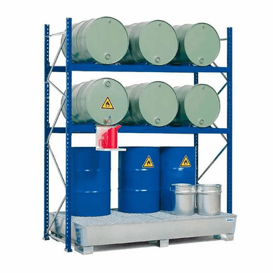 Drum Rack with Spill Containment Sump - 6 Drum Horizontal - 6 Drum Vertical - 3 Levels  96 x 36 x 96  12 Drum Containment Rack Systems