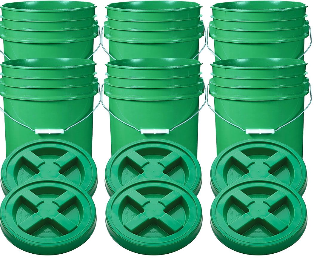 Green 5 Gallon Plastic Buckets and Gamma Seal Lids Food Grade Combo 6