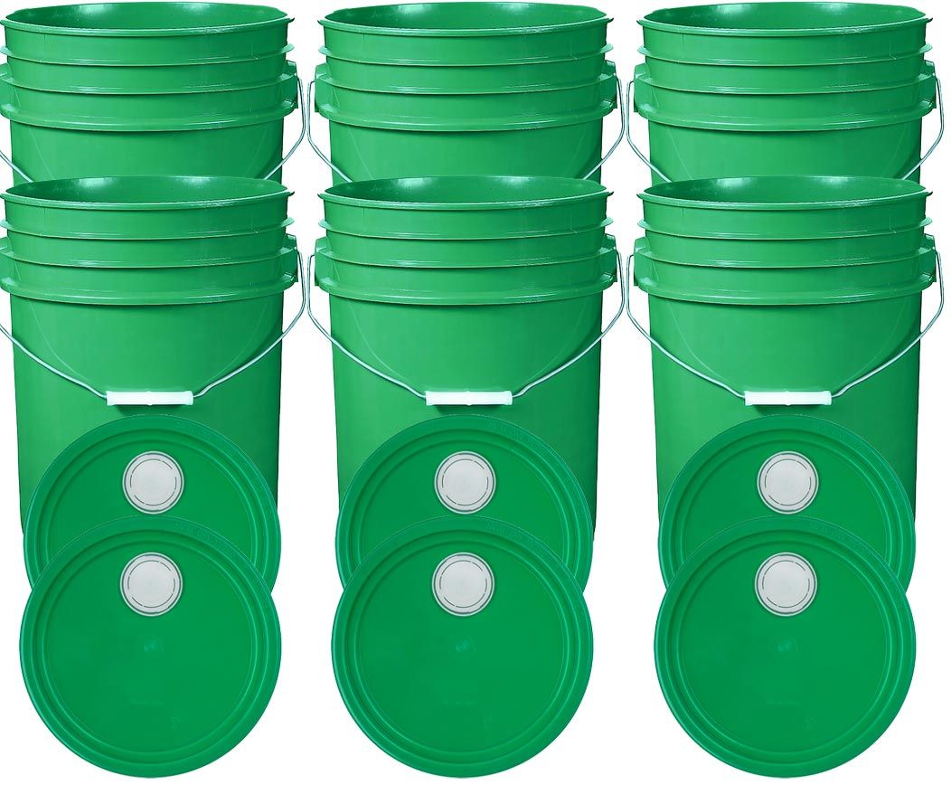 Green 5 Gallon Buckets and Spout Lids Food Grade Combo 6 Pack Special