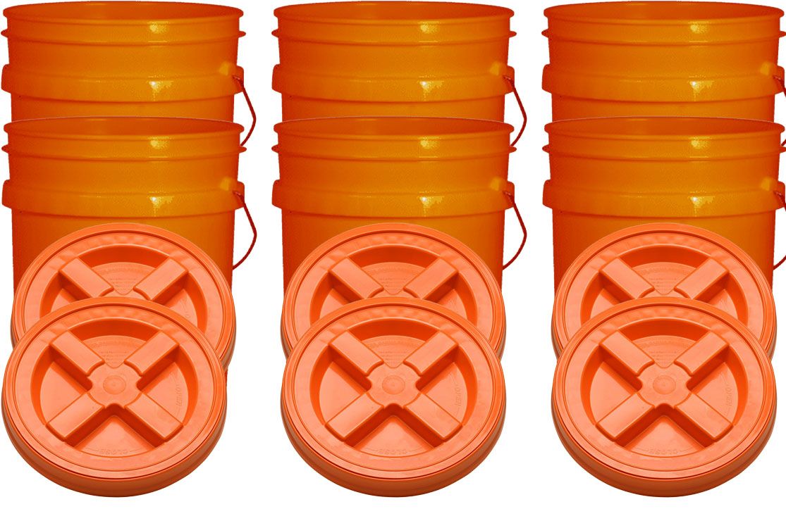 Orange 5 Gallon Plastic Buckets and Gamma Seal Lids Food Grade Combo 6