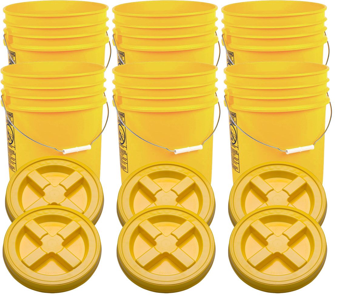 Yellow 5 Gallon Plastic Buckets and Gamma Seal Lids Food Grade Combo 6