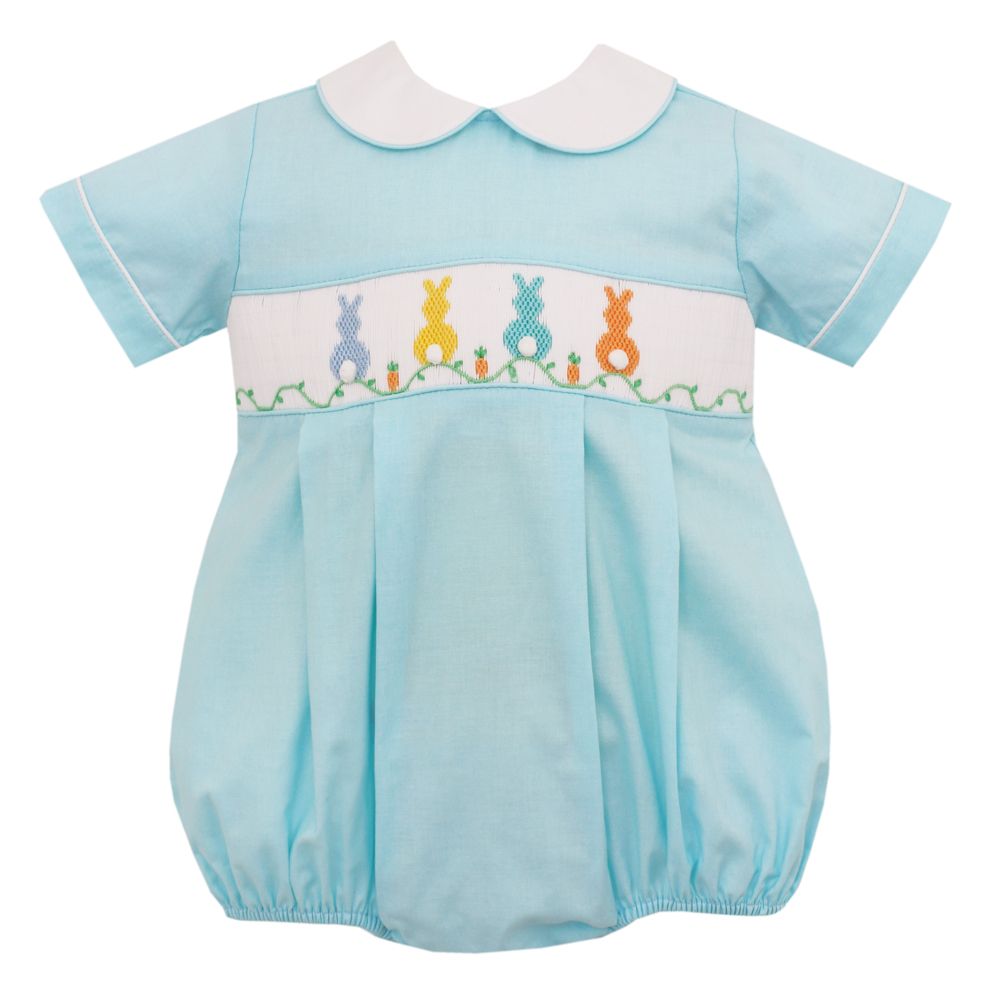 Anavini Baby Boys Aqua Smocked Easter Bunny Cottontails Bubble