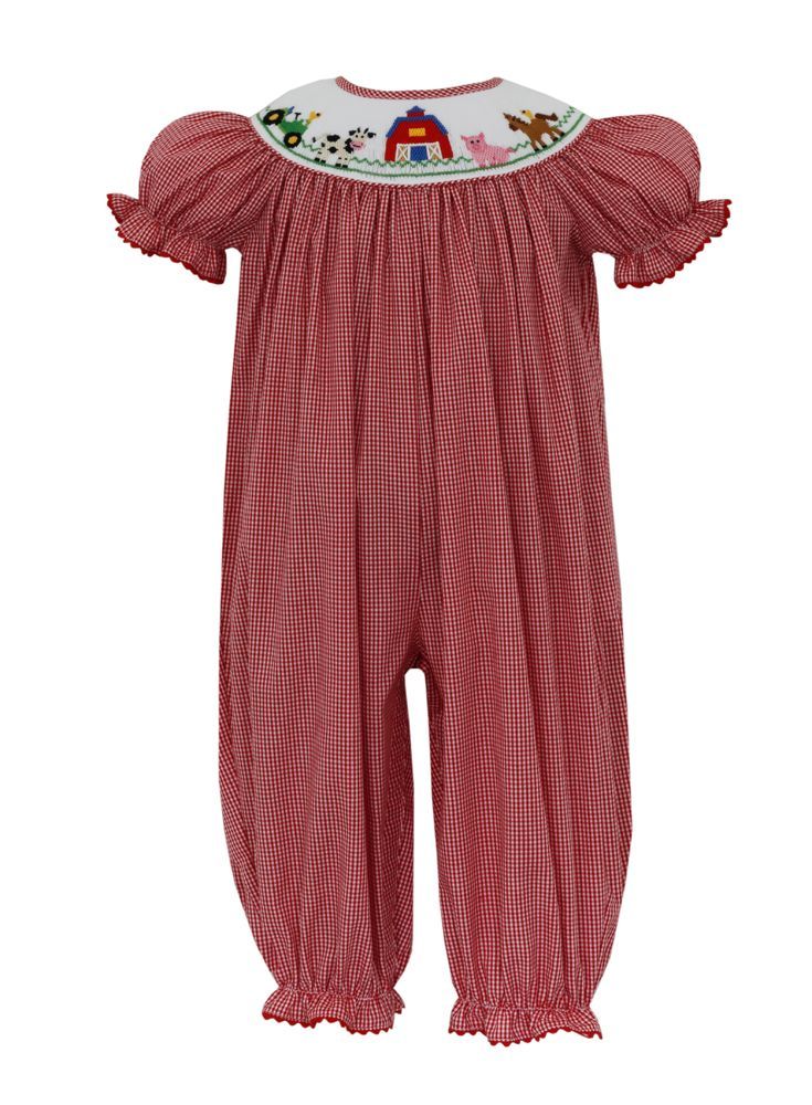 Anavini Baby Girls Red Gingham Smocked Farm Scene Romper