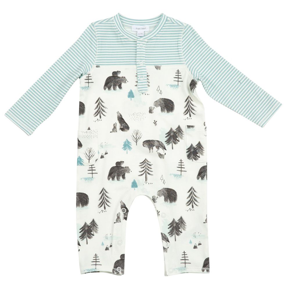Angel Dear Baby Boys Henley Romper with Pockets Blue Mama Bear & Cubs