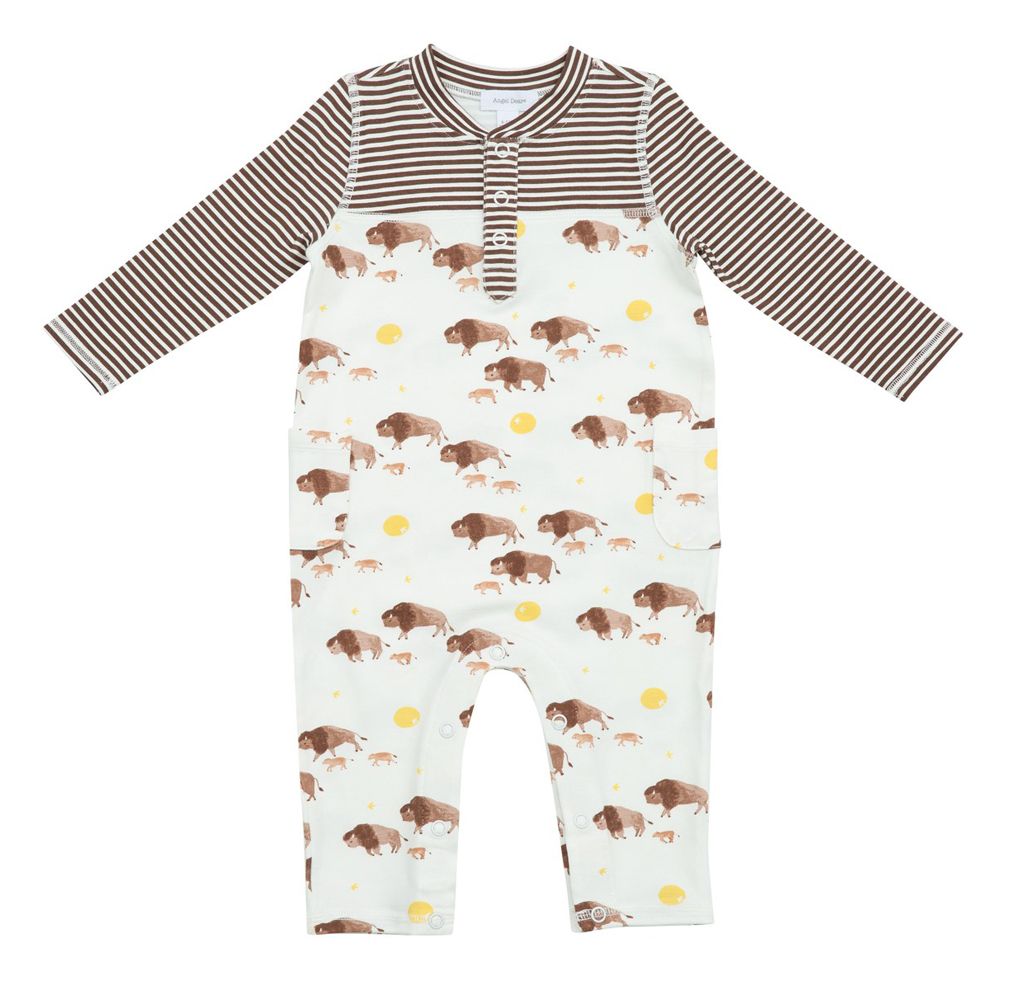 Angel Dear Baby Boys Henley Romper with Pockets Brown Bison