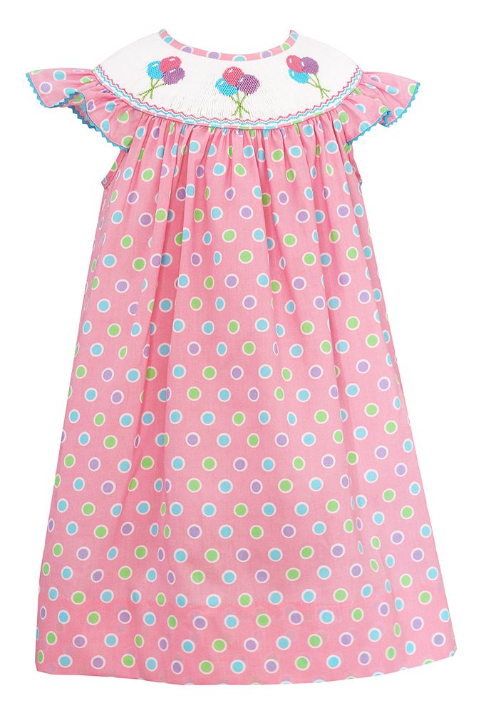 Baby Girls Pink / Polka Dots Smocked Birthday Balloons Dress