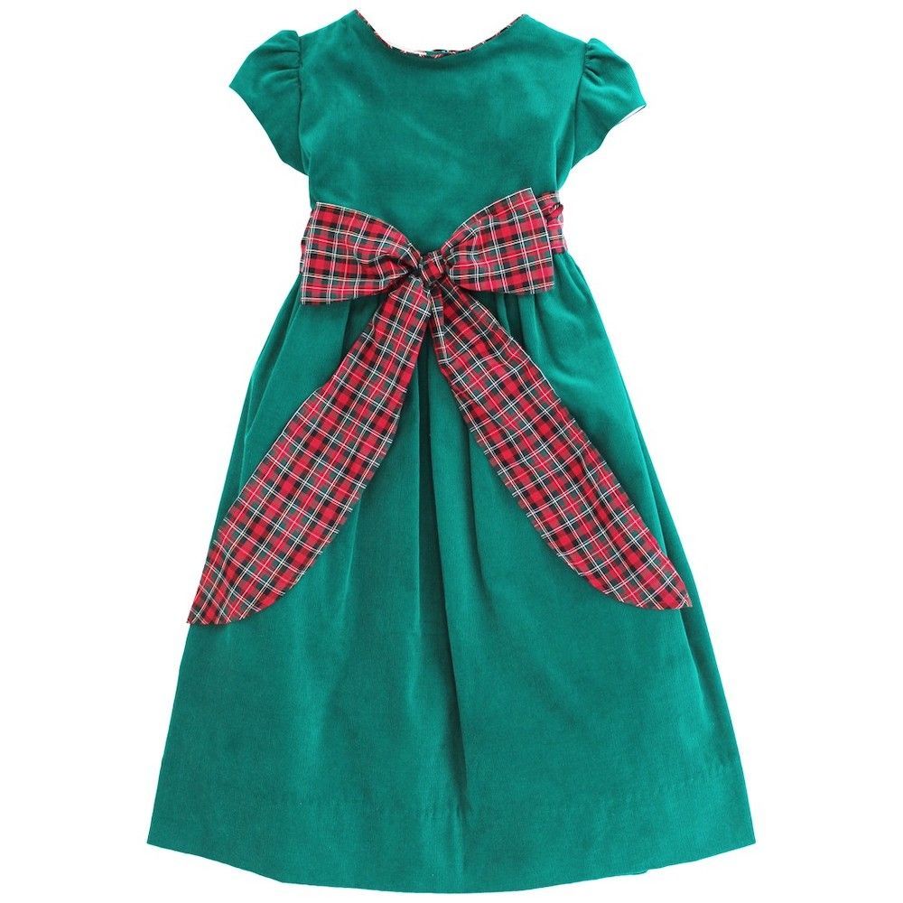 Bailey Boys Girls Christmas Dress Clover Green Cord with Frasier Holiday Plaid Sash