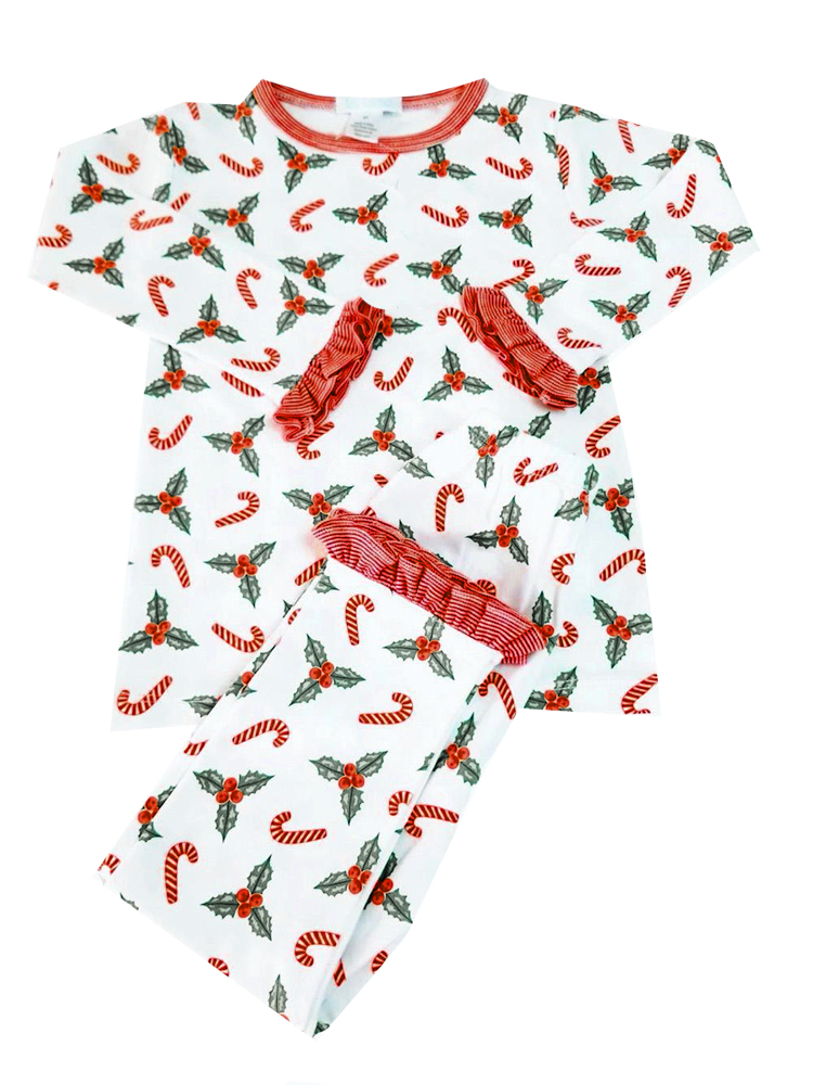 La Luna Girls Pajamas Set Christmas Candy Canes & Holly