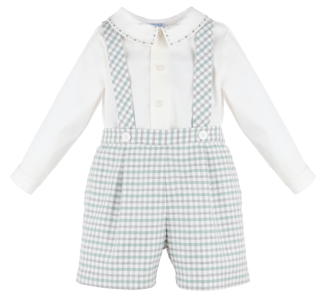 Luli & Me Baby Boys Suspender Shorts Set with Shirt Mint Green & Grey