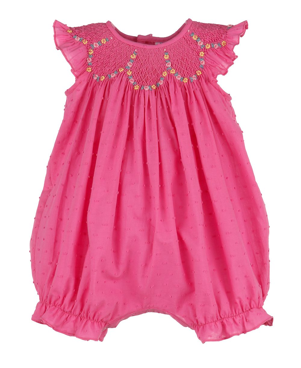 Luli & Me Baby Girls Swiss Dot Smocked Bubble Fuchsia Pink