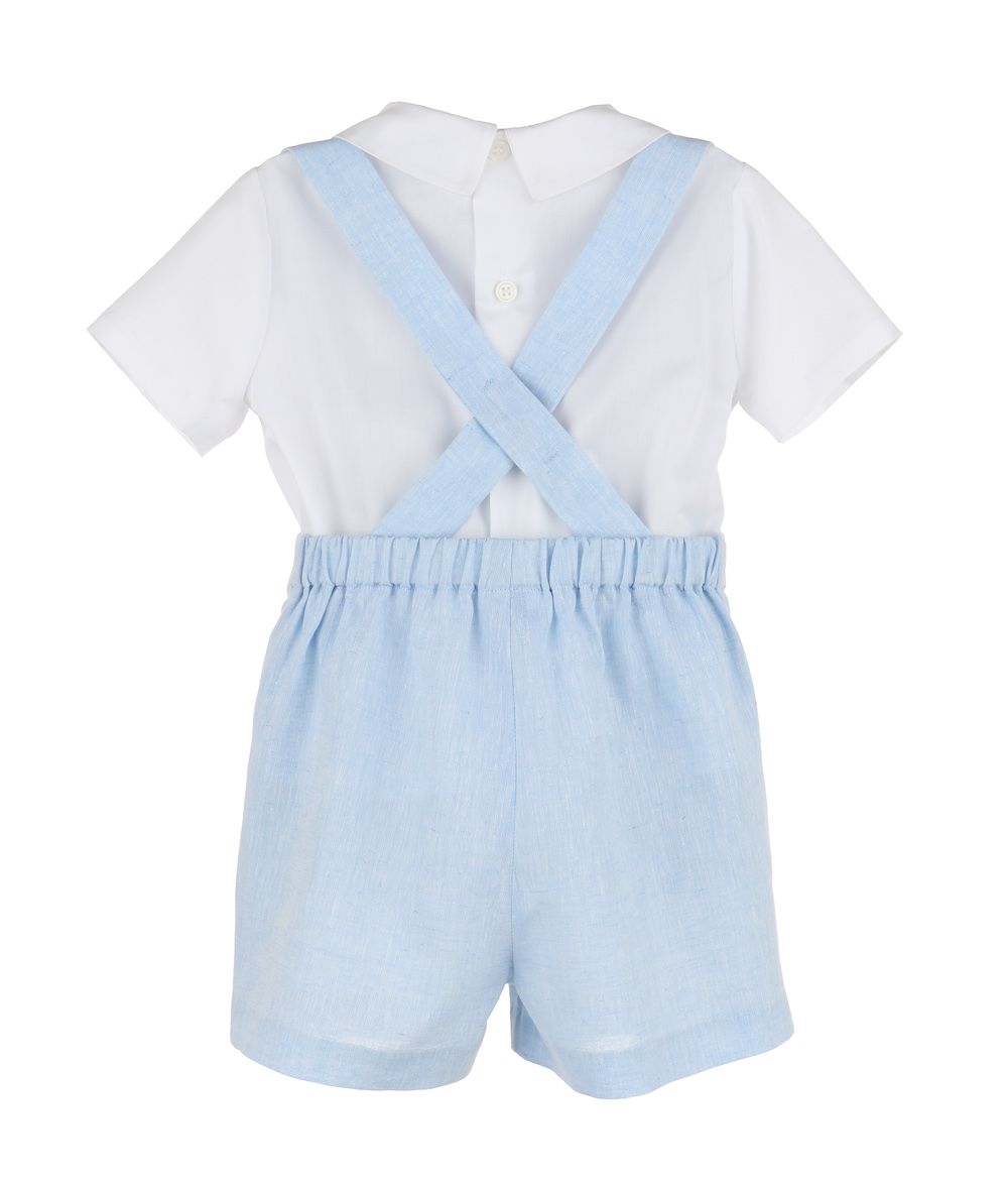 Luli & Me Boys Suspender Shorts Set Light Blue with Smocked White Shirt